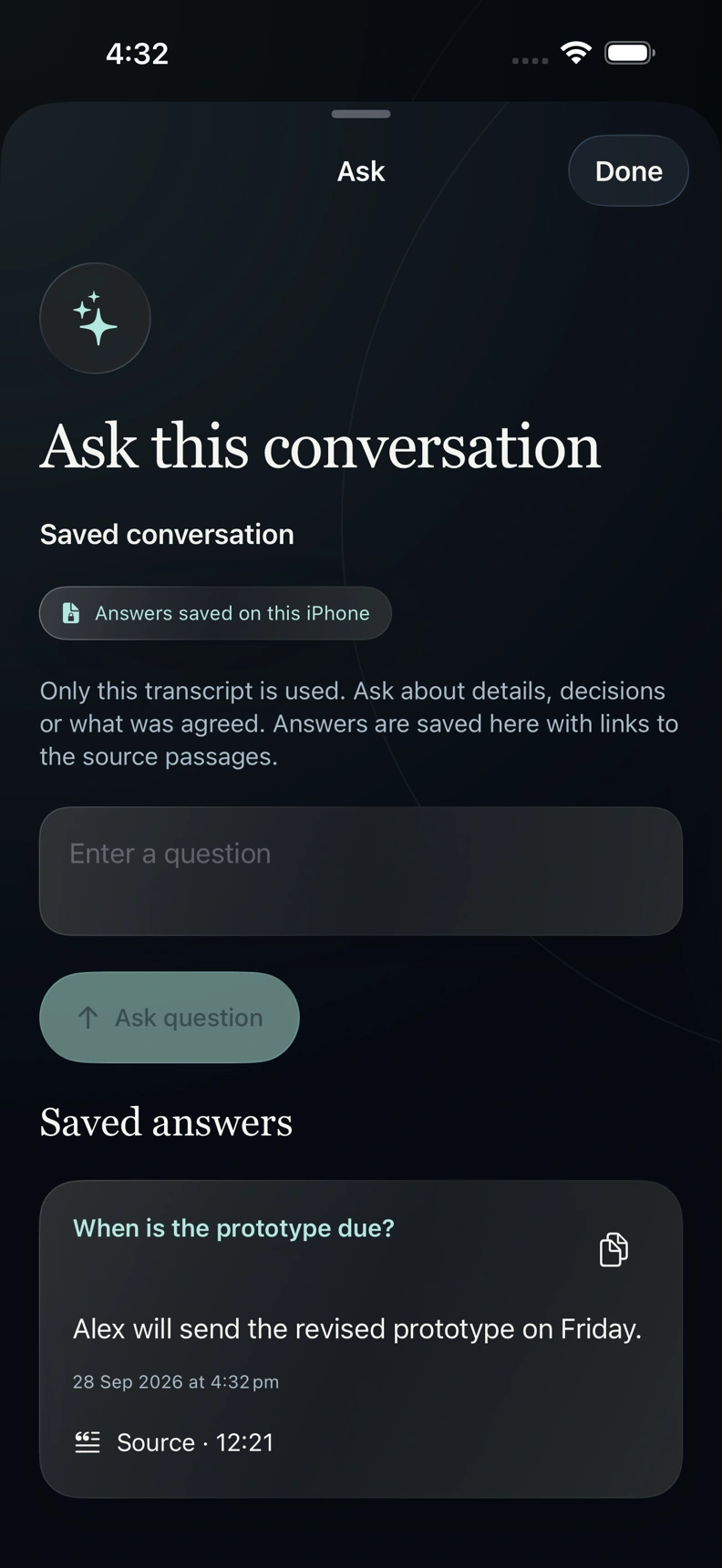 Actual LAPEL Notes Ask screen showing the saved answer and Source at 12:21.