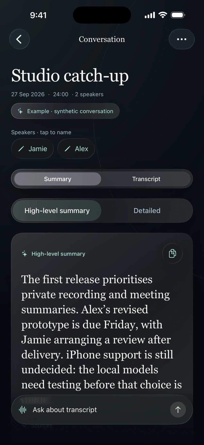 The Lapel app showing a conversation with two named speakers and its high-level summary.